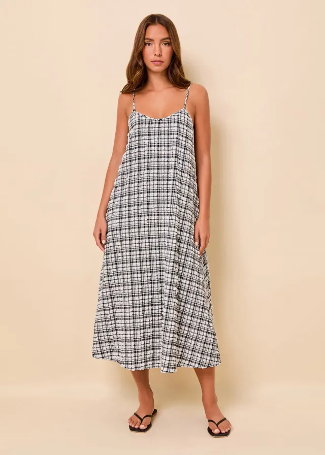 Solid & Striped Lois midi šaty Noir kostkované s kapsami