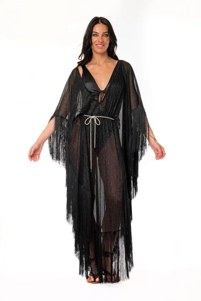 ACQUADICOCCO CAFTANO FRANGIA CINTURA SWAROVSKI PLISSE' kaftan