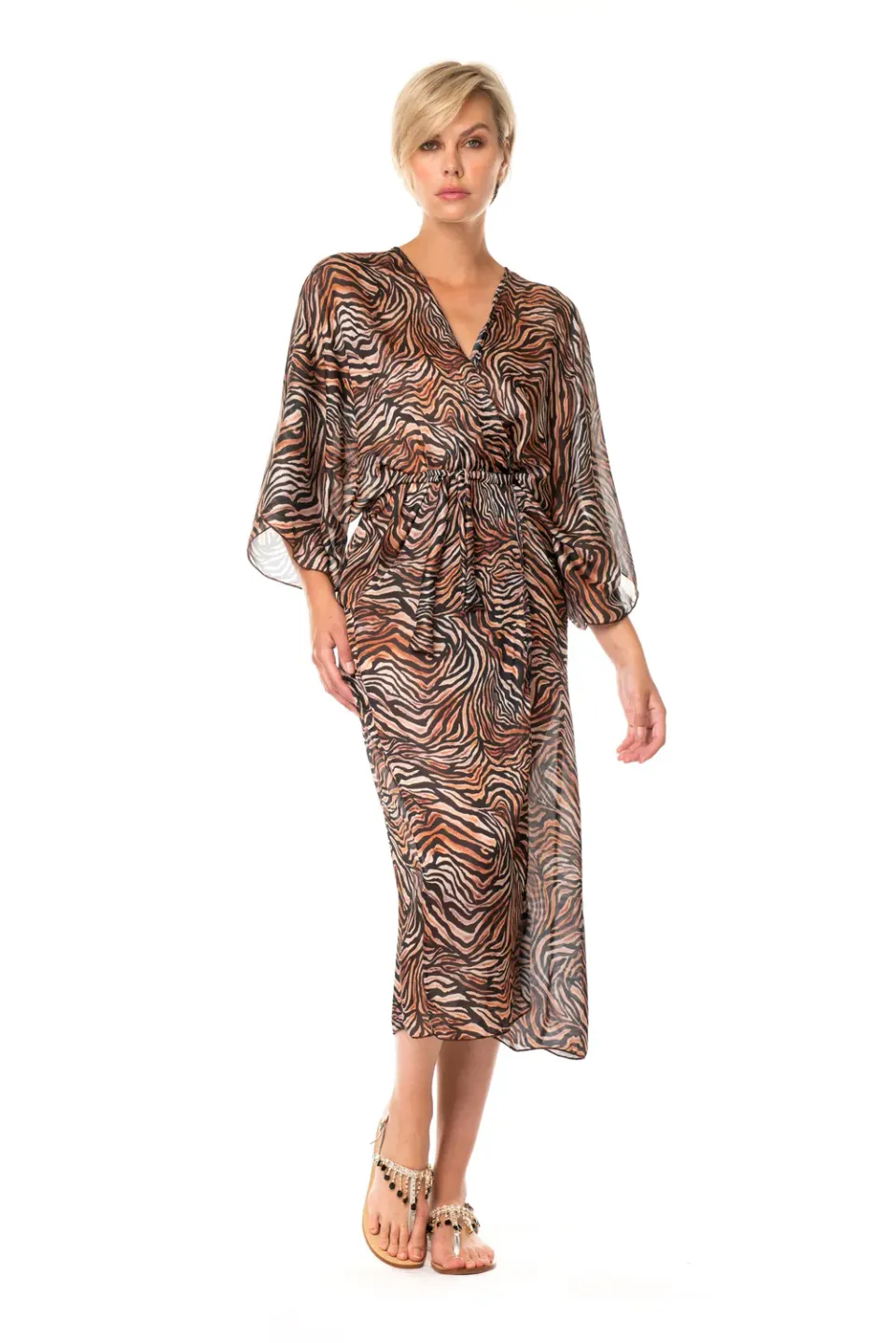 ACQUADICOCCO Zebrato dlouhé kimono s páskem plážové